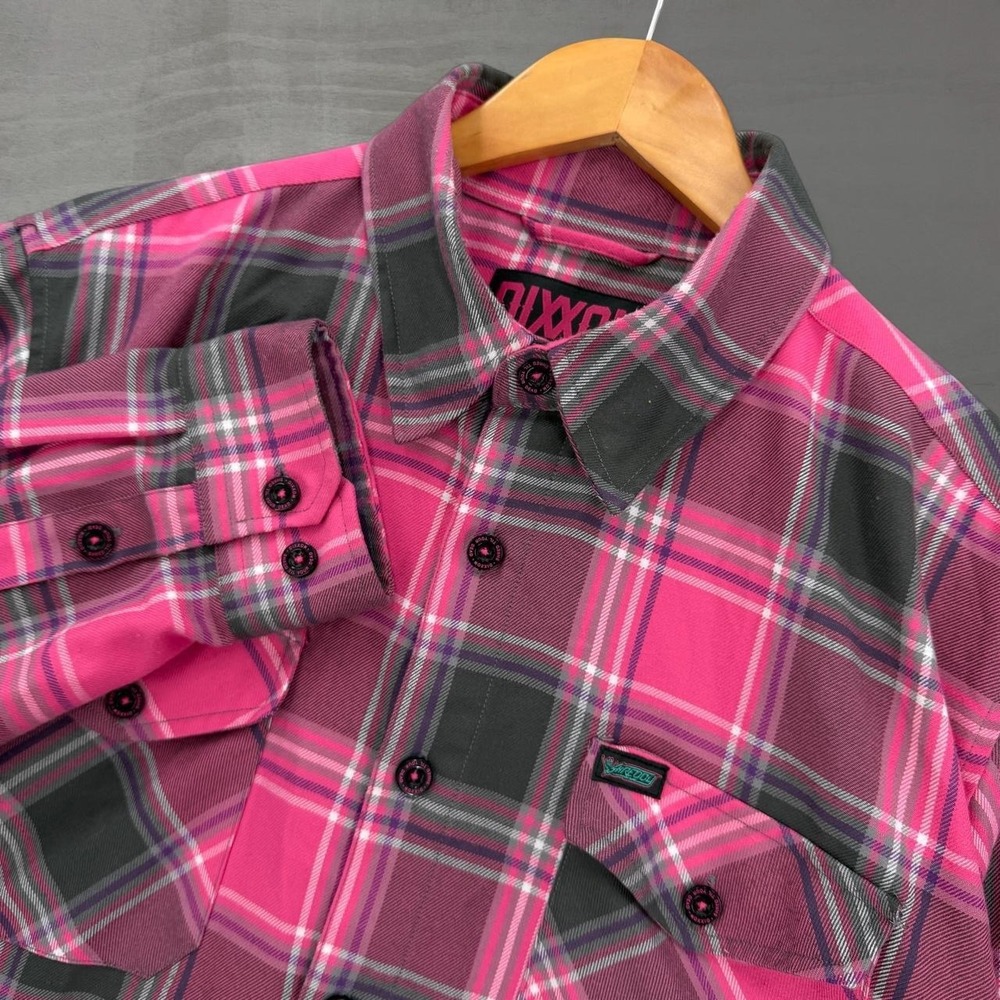 Dixxon Flannel Co Shreddy Pink Grey Plaid D-Tech Button Up Shirt Large